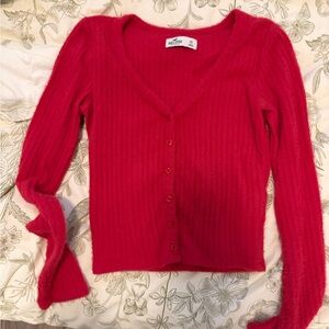 Hollister Bright Red V-Neck Button Ribbed Cardigan